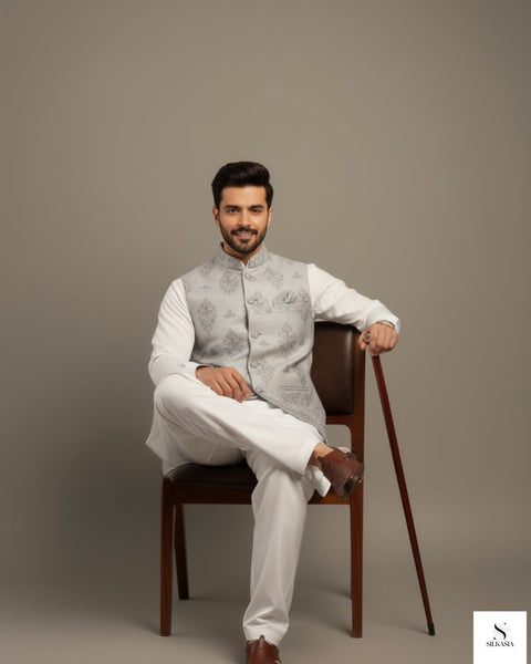 Light Grey Damask Embroidered Raw Silk Waistcoat Set