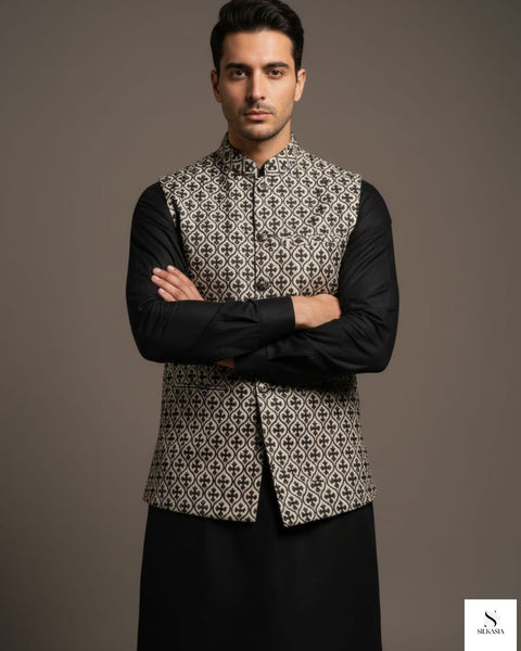 Monochrome Black & White Zari Embroidered Waistcoat Set
