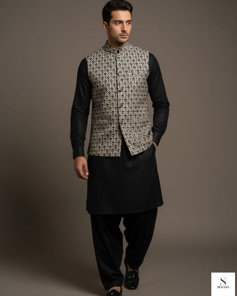 Monochrome Black & White Zari Embroidered Waistcoat Set