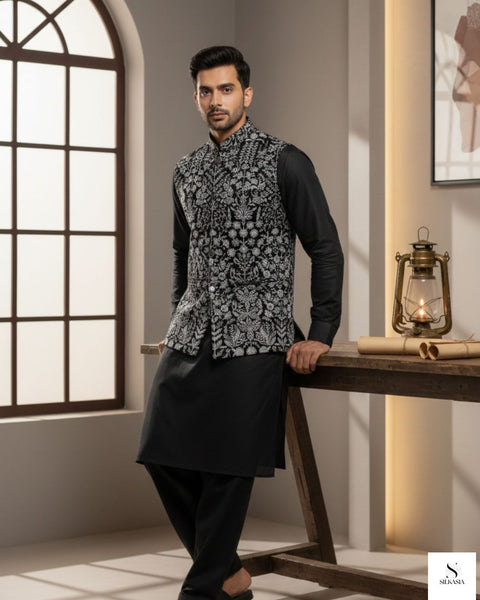 Black Velvet Embroidered Waistcoat with Black Wash & Wear Suit