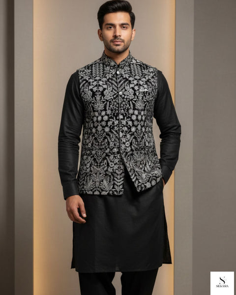Black Velvet Embroidered Waistcoat with Black Wash & Wear Suit