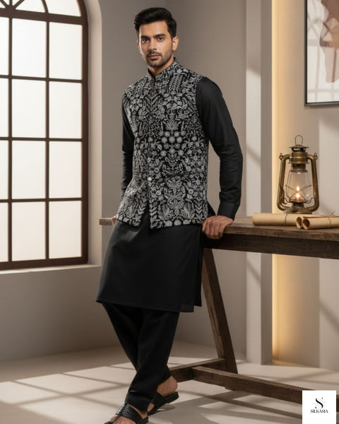 Black Velvet Embroidered Waistcoat with Black Wash & Wear Suit