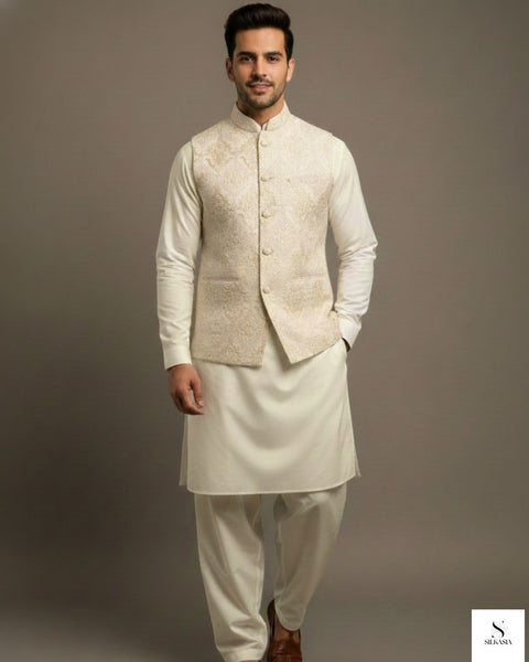 Pearl Ivory Self-Embroidered Raw Silk Waistcoat with Kurta Trouser Set