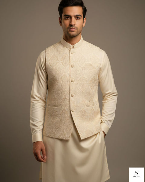 Pearl Ivory Self-Embroidered Raw Silk Waistcoat with Kurta Trouser Set