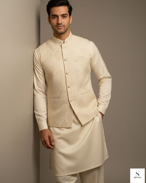Pearl Ivory Self-Embroidered Raw Silk Waistcoat with Kurta Trouser Set