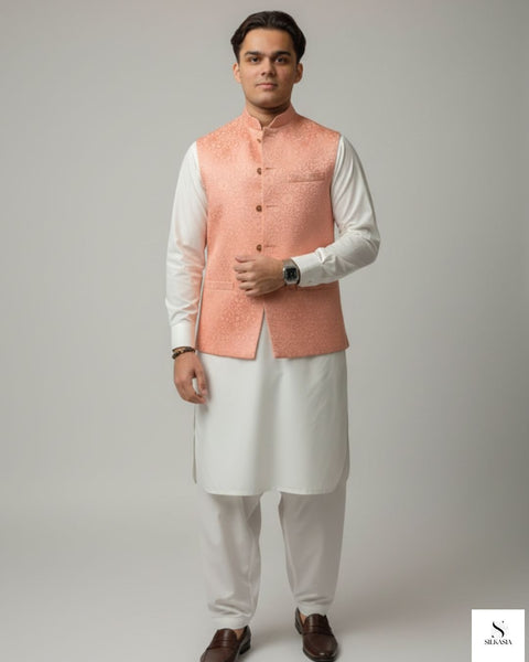 Contemporary Peach Embroidered Raw Silk Waistcoat Ensemble