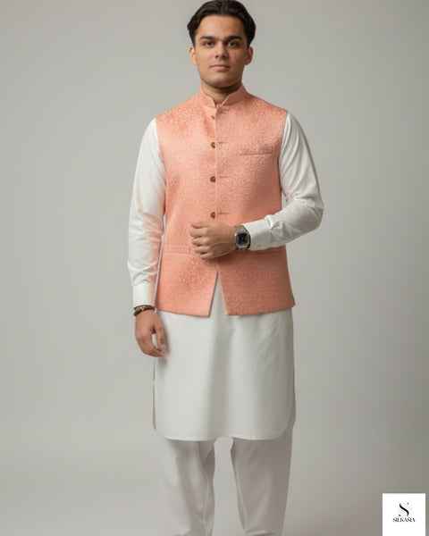 Contemporary Peach Embroidered Raw Silk Waistcoat Ensemble