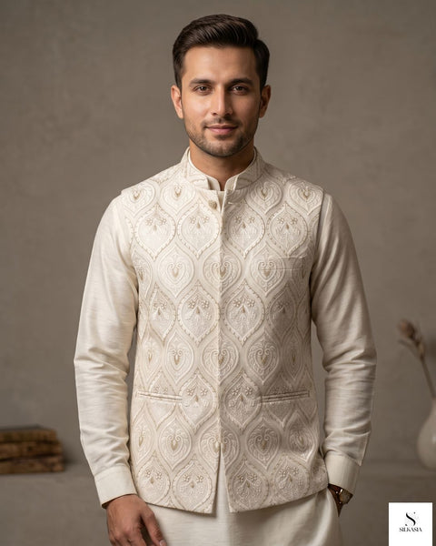 Off-White Ogee Embroidered Raw Silk Waistcoat with Kurta Trouser Set