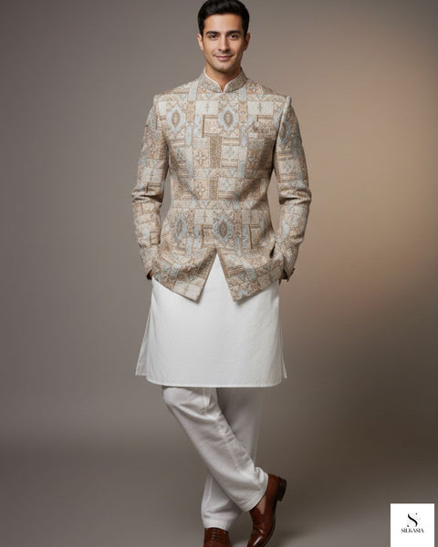 Imperial Beige Zari & Resham Embroidered Prince Coat with Kurta Trouser Set