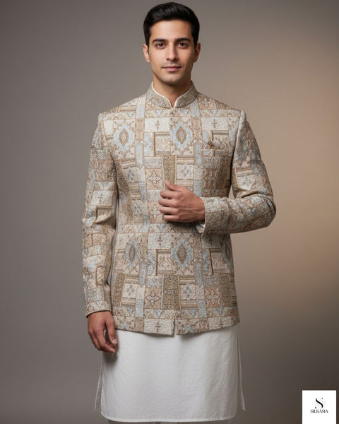 Imperial Beige Zari & Resham Embroidered Prince Coat with Kurta Trouser Set