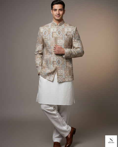 Imperial Beige Zari & Resham Embroidered Prince Coat with Kurta Trouser Set