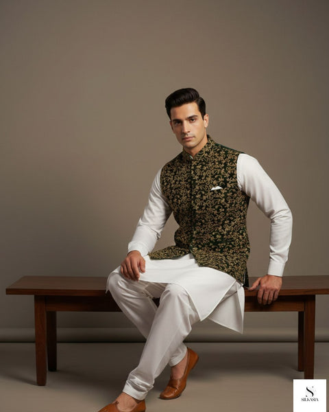 Opulent Black Velvet Dori Embroidered Waistcoat Ensemble