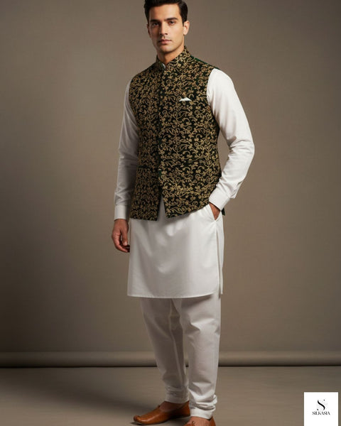 Opulent Black Velvet Dori Embroidered Waistcoat Ensemble