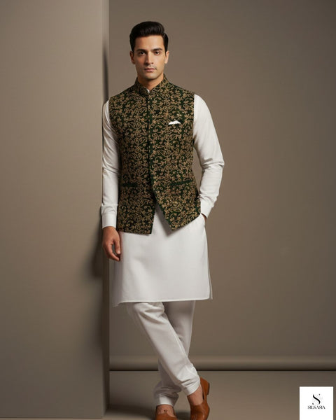 Opulent Black Velvet Dori Embroidered Waistcoat Ensemble