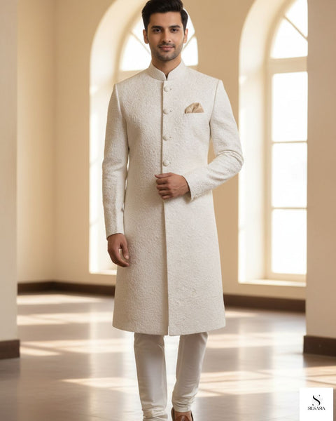 Pristine Ivory Floral Self-Threadwork Sherwani