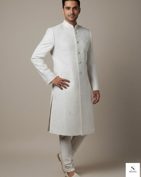 Ivory Arch-Motif Grid Embroidered Sherwani