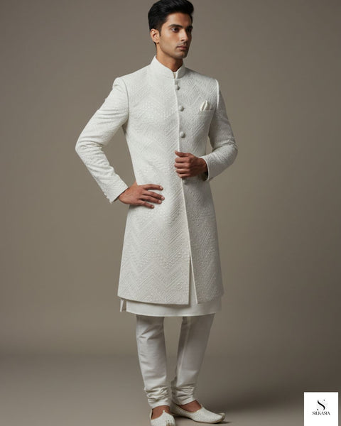 Off-White Chevron Self-Embroidered Textured Sherwani