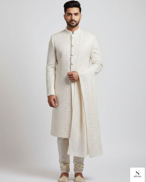 Ivory Regal Sequined Threadwork Sherwani Set
