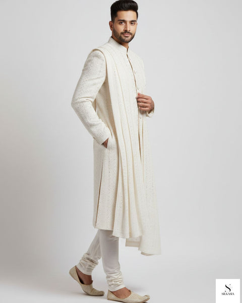 Ivory Regal Sequined Threadwork Sherwani Set