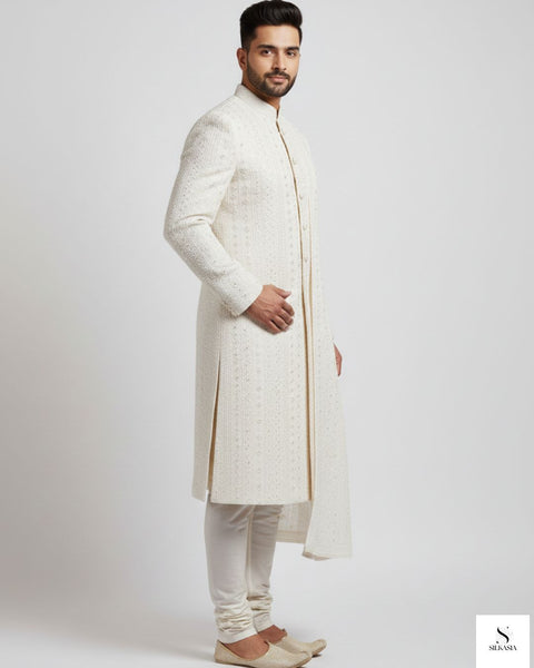 Ivory Regal Sequined Threadwork Sherwani Set