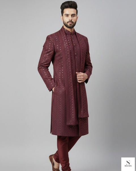 Wine Red Self-Embroidered Sequined Sherwani & Stole