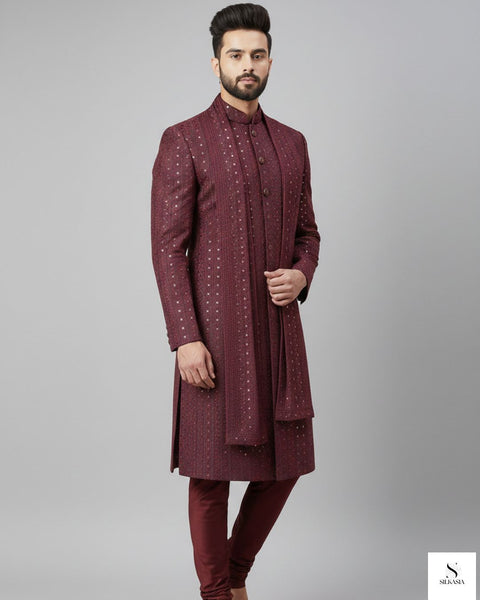 Wine Red Self-Embroidered Sequined Sherwani & Stole