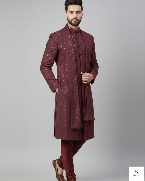 Wine Red Self-Embroidered Sequined Sherwani & Stole