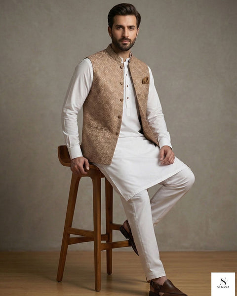 Beige Sequined Raw Silk Waistcoat Set