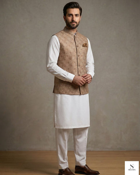 Beige Sequined Raw Silk Waistcoat Set