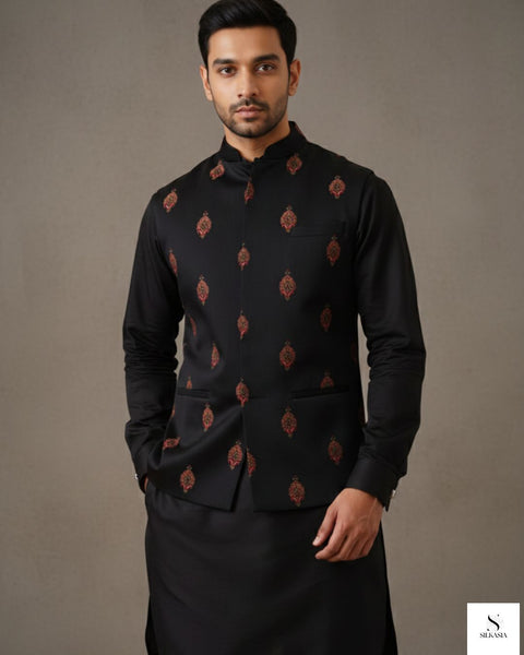 Black PK Raw Silk Multi-Resham Embroidered Waistcoat Set