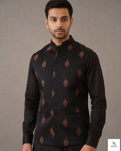 Black PK Raw Silk Multi-Resham Embroidered Waistcoat Set