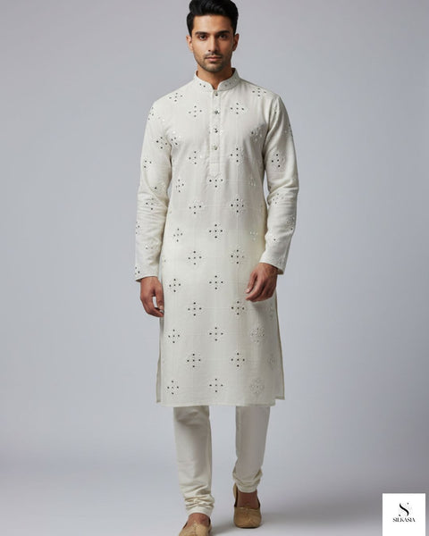 Ivory Tussar Silk Self-Embroidered Kurta with Mirror Sequins