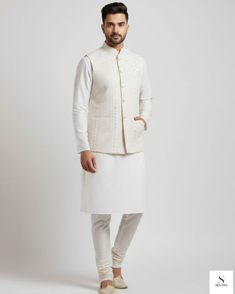 Pearl White Linear Embroidered Raw Silk Waistcoat Ensemble