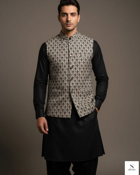 Monochrome Black & White Zari Embroidered Waistcoat Set