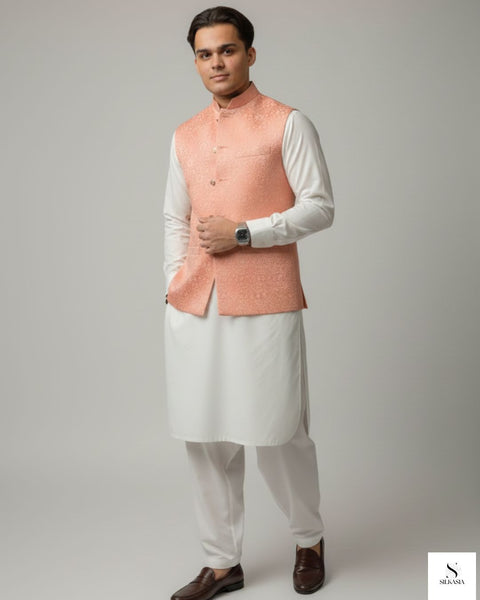 Contemporary Peach Embroidered Raw Silk Waistcoat Ensemble