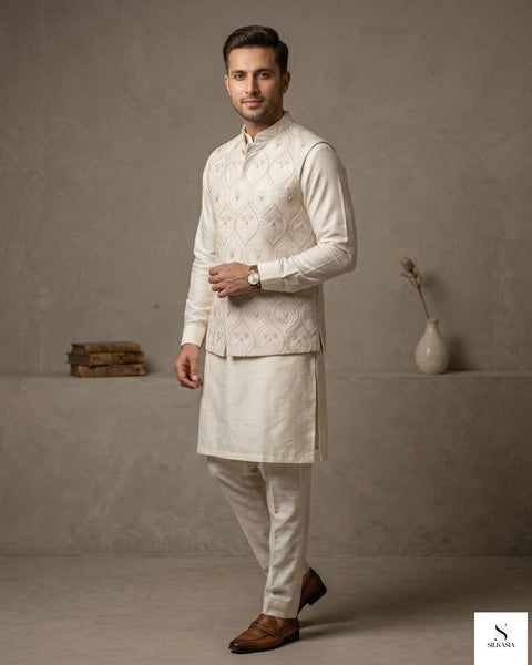 Off-White Ogee Embroidered Raw Silk Waistcoat with Kurta Trouser Set