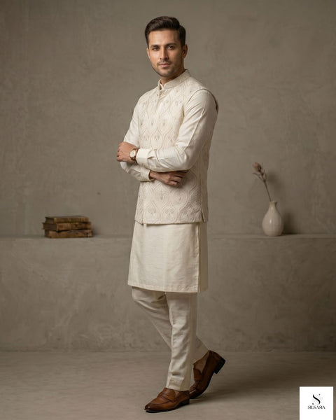 Off-White Ogee Embroidered Raw Silk Waistcoat with Kurta Trouser Set