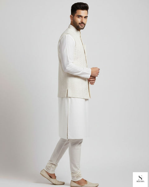 Pearl White Linear Embroidered Raw Silk Waistcoat Ensemble