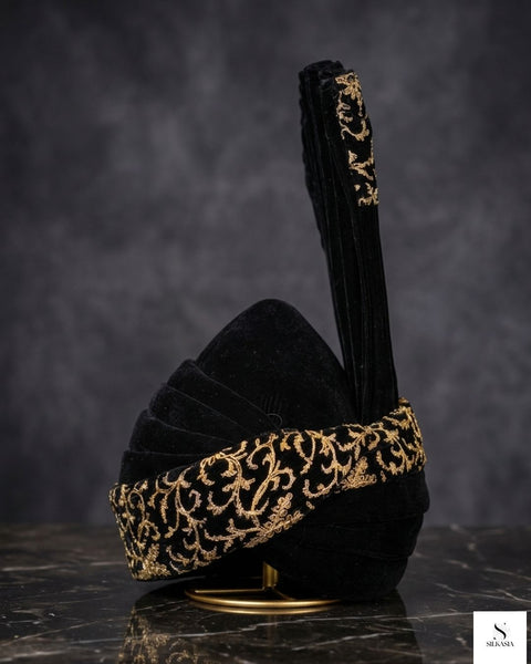 Black Velvet Hand-Crafted Groom Kulla with Gold Dori Embroidery