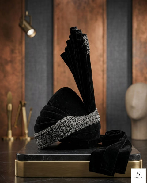 Jet Black Velvet Groom Kulla with Silver Zari Embroidery