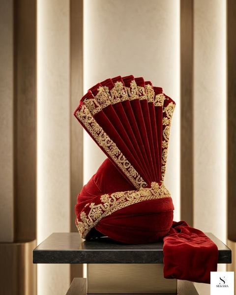 Royal Crimson Velvet & Gold Embroidered Turban