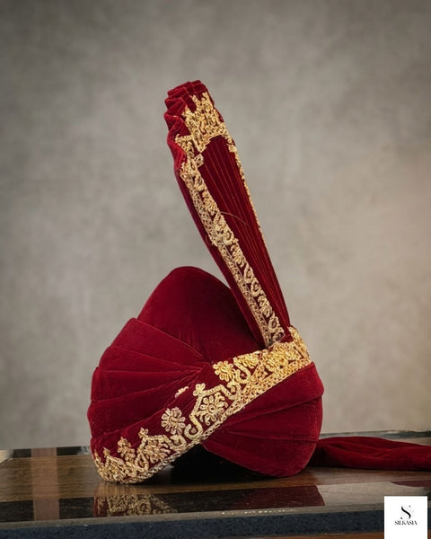 Royal Crimson Velvet & Gold Embroidered Turban